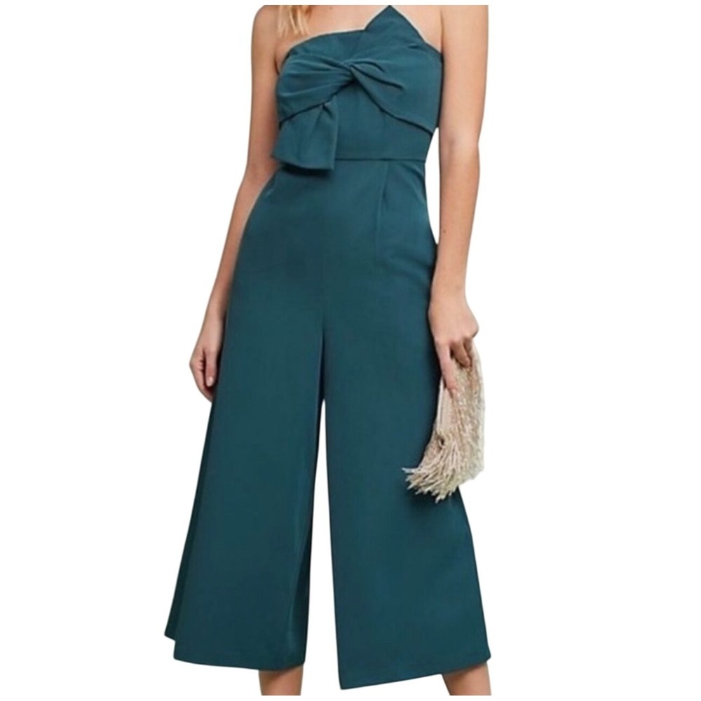 Hailee‎ C Anthropologie Jumpsuit Women's Size 4 Strapless Teal Green Cropped Bow